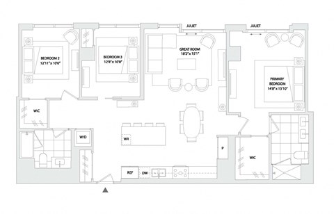 Floor plan for 3 beds, 2 baths, 1523 sqft